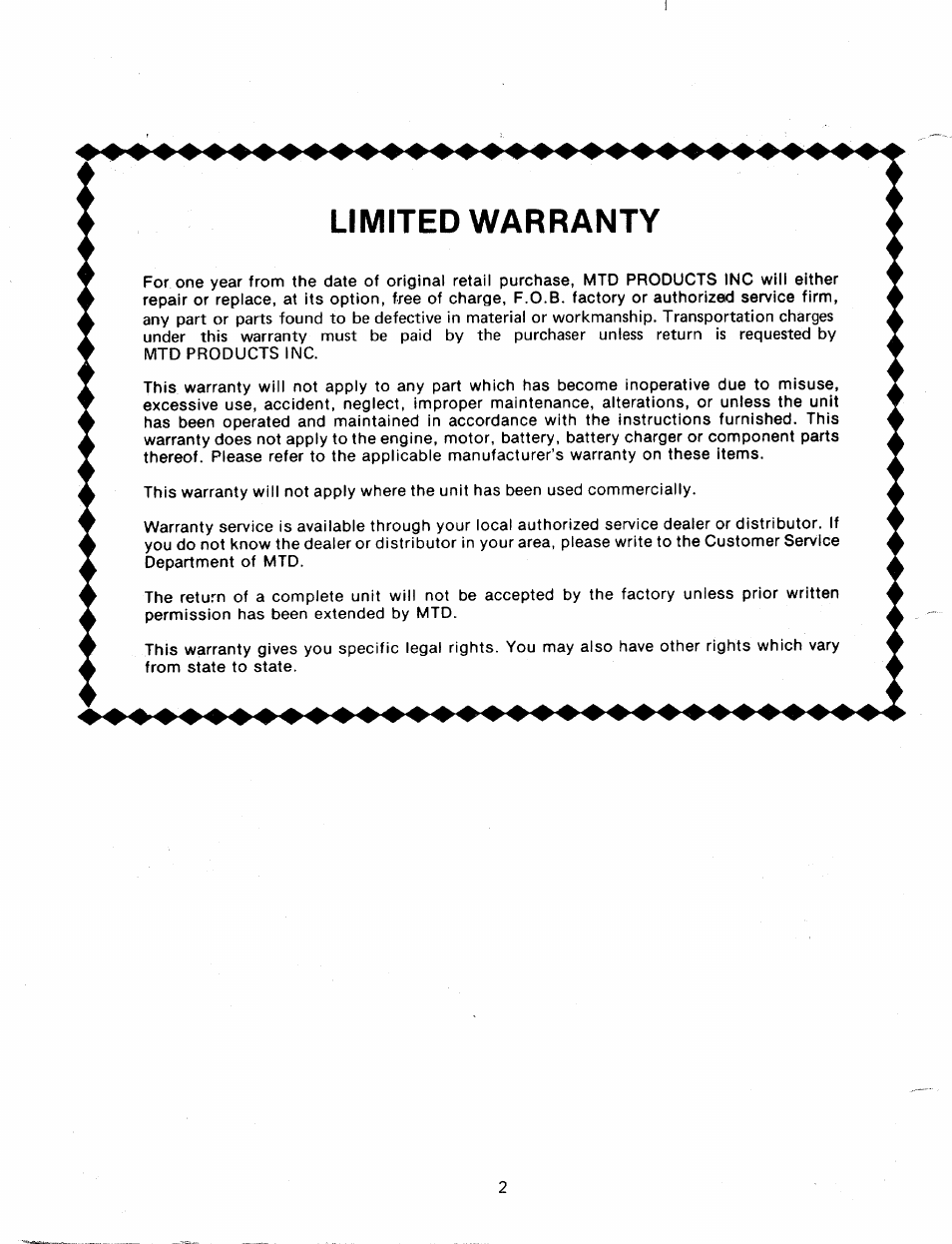 Limited warranty | Bolens 198-954A User Manual | Page 2 / 10