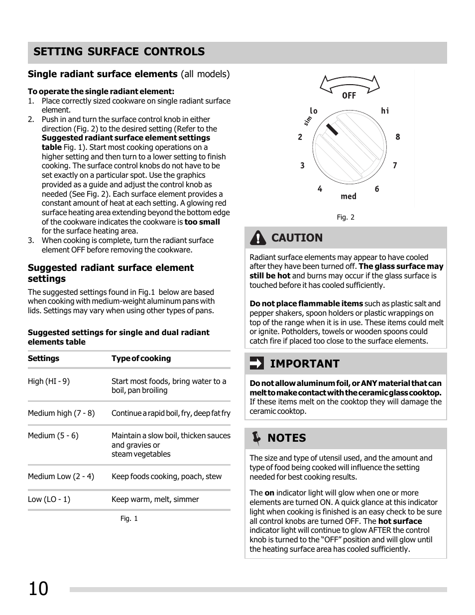 Setting surface controls, Caution, Important | FRIGIDAIRE FFEF3048LS User Manual | Page 10 / 28