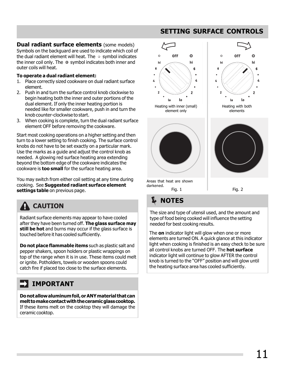 Caution, Setting surface controls | FRIGIDAIRE FFEF3048LS User Manual | Page 11 / 28