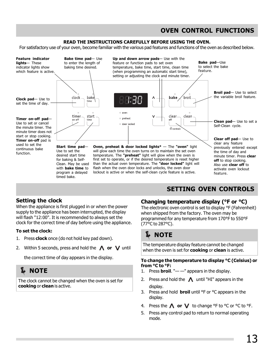 Oven control functions, Changing temperature display (°f or °c), Setting the clock | FRIGIDAIRE FFEF3048LS User Manual | Page 13 / 28