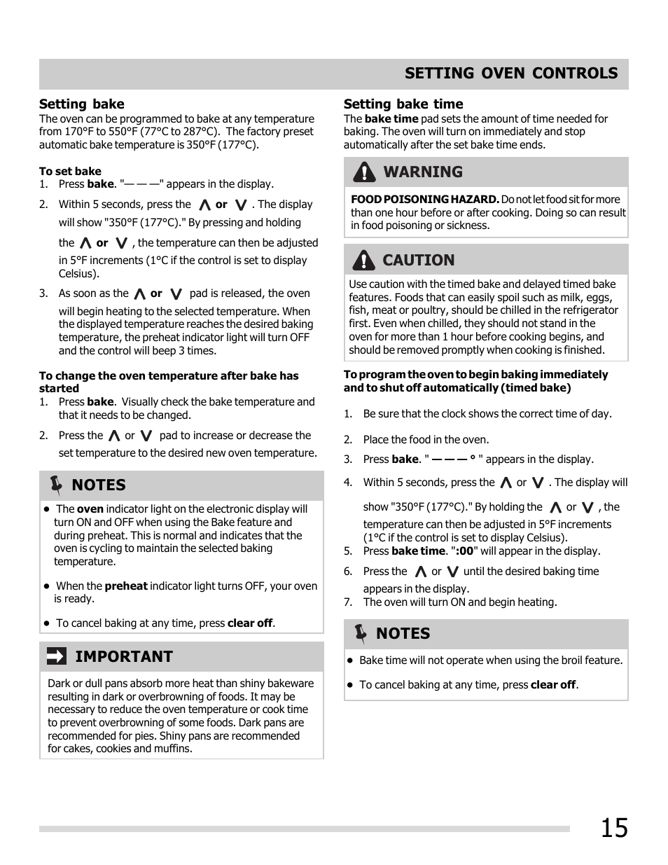 Setting oven controls, Caution warning, Important | FRIGIDAIRE FFEF3048LS User Manual | Page 15 / 28