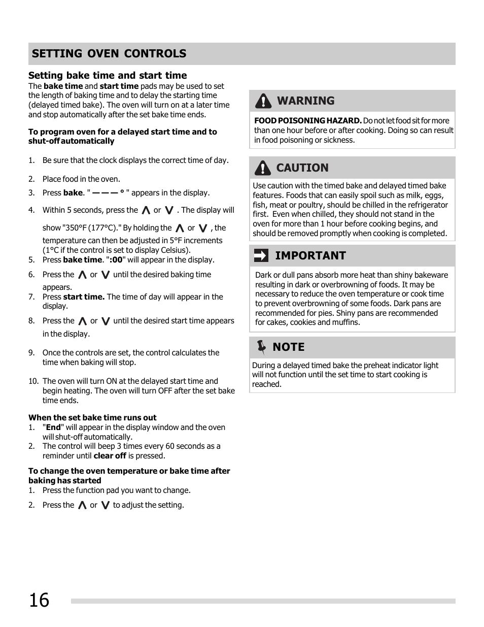 Setting oven controls, Important warning caution | FRIGIDAIRE FFEF3048LS User Manual | Page 16 / 28