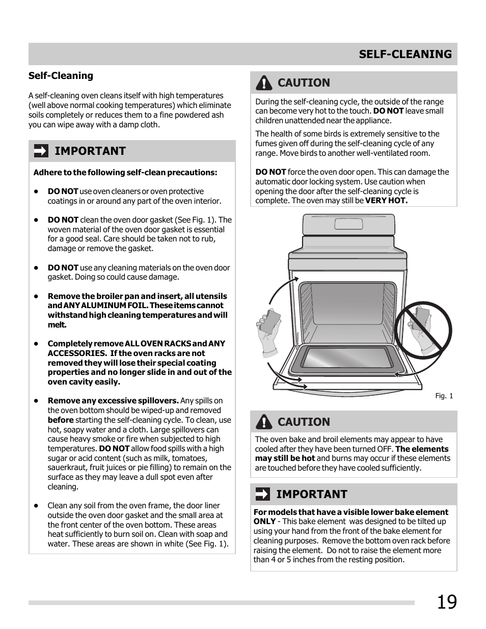 Self-cleaning caution, Caution important, Important | FRIGIDAIRE FFEF3048LS User Manual | Page 19 / 28