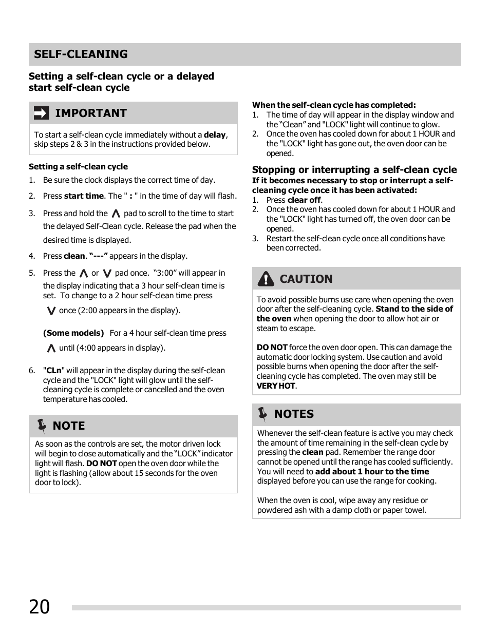 Self-cleaning, Important, Caution | FRIGIDAIRE FFEF3048LS User Manual | Page 20 / 28