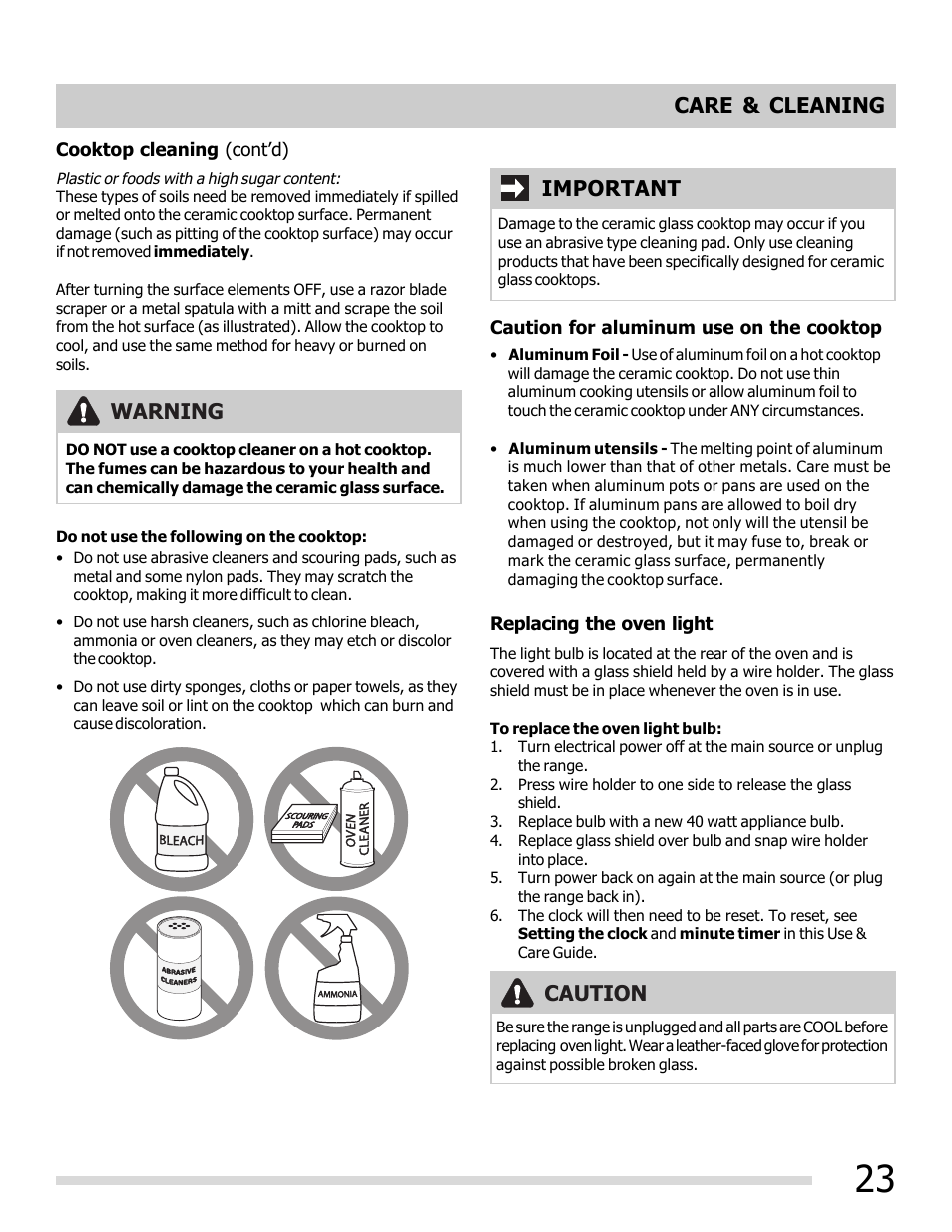 Important care & cleaning, Warning, Caution | FRIGIDAIRE FFEF3048LS User Manual | Page 23 / 28