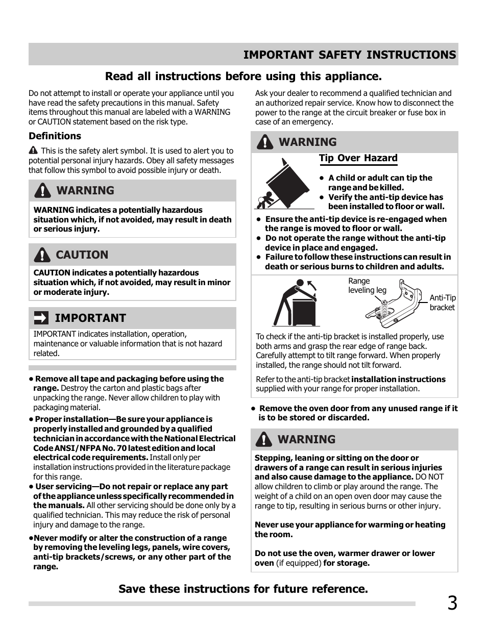 Read all instructions before using this appliance, Warning, Warning important | Caution | FRIGIDAIRE FFEF3048LS User Manual | Page 3 / 28