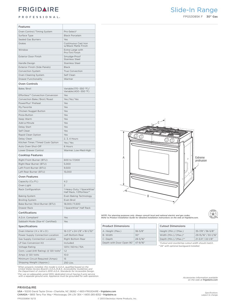 Slide-in gas ranges frigidaire baseline, Slide-in range | FRIGIDAIRE FPGS3085KF User Manual | Page 2 / 7