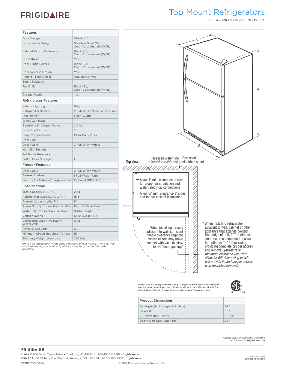 Top mount refrigerators frigidaire baseline, Top mount refrigerators | FRIGIDAIRE FFTR2021QS User Manual | Page 2 / 4