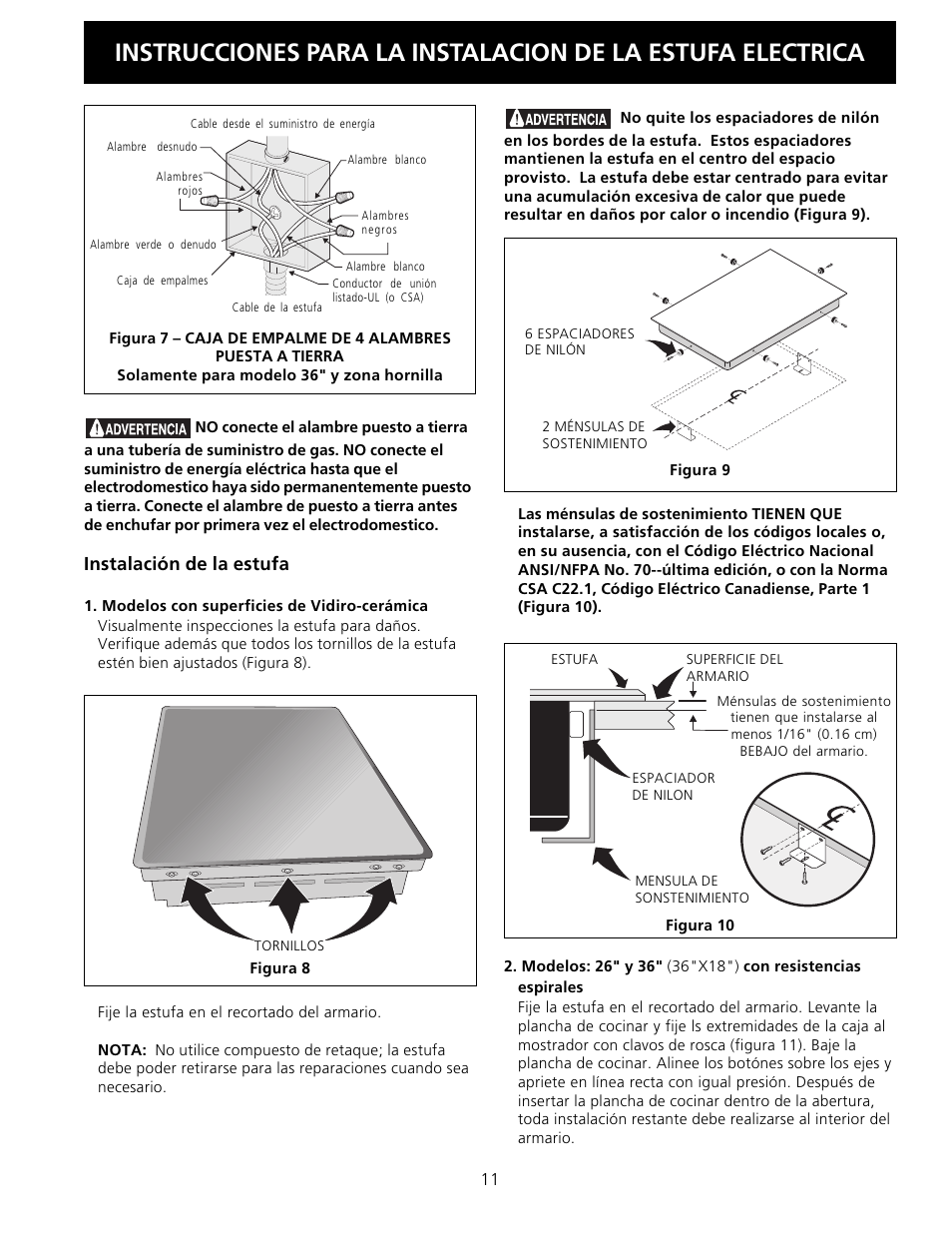 Instalación de la estufa | FRIGIDAIRE FFEC2605LS User Manual | Page 11 / 20