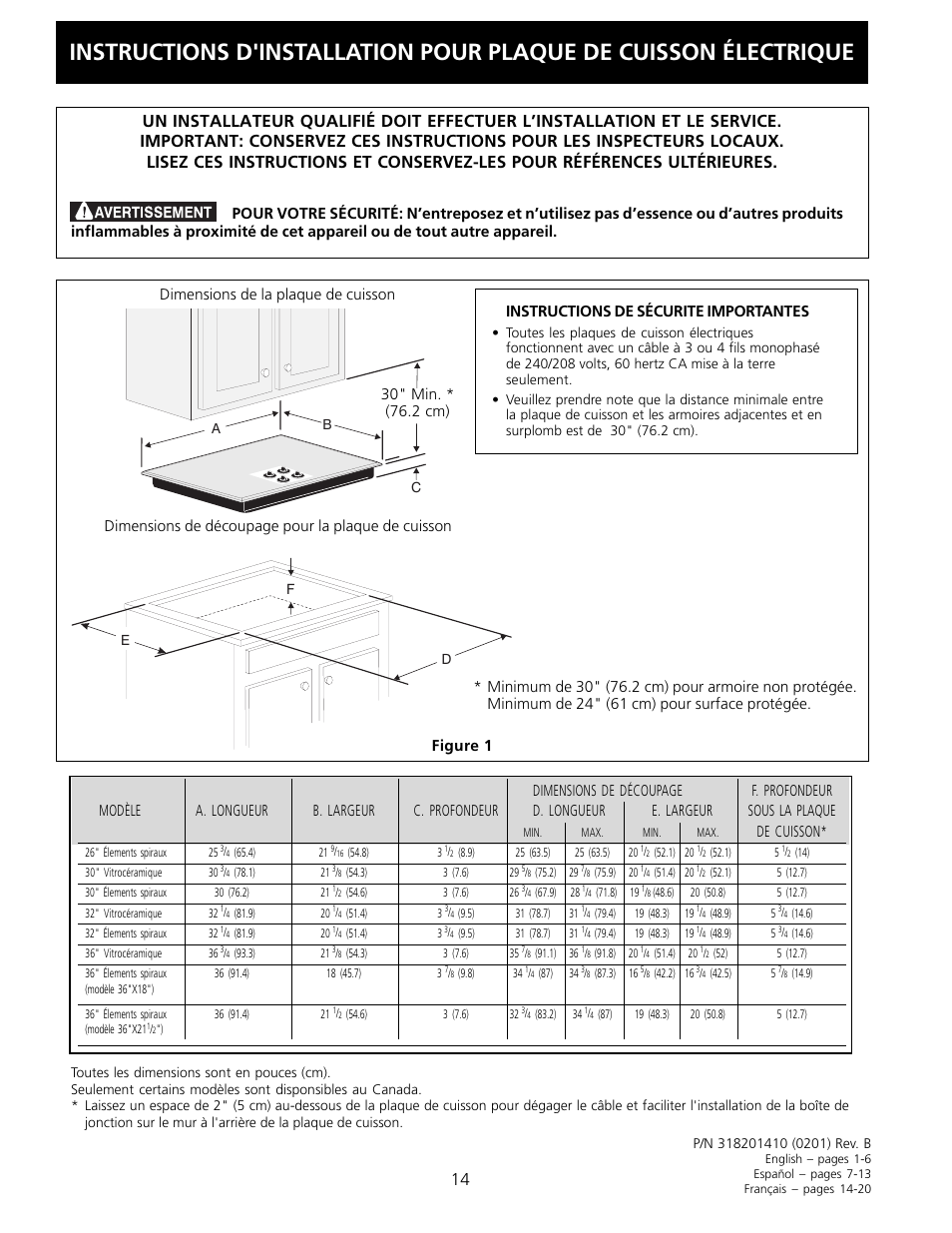 De cuisson, Instructions de sécurite importantes | FRIGIDAIRE FFEC2605LS User Manual | Page 14 / 20