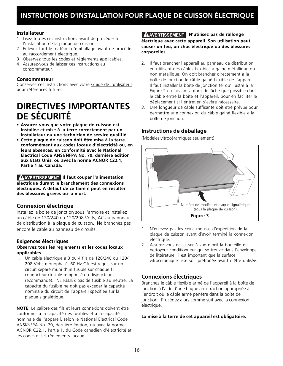 Directives importantes de sécurité | FRIGIDAIRE FFEC2605LS User Manual | Page 16 / 20