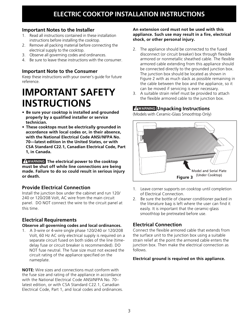 Important safety instructions, Electric cooktop installation instructions | FRIGIDAIRE FFEC2605LS User Manual | Page 3 / 20