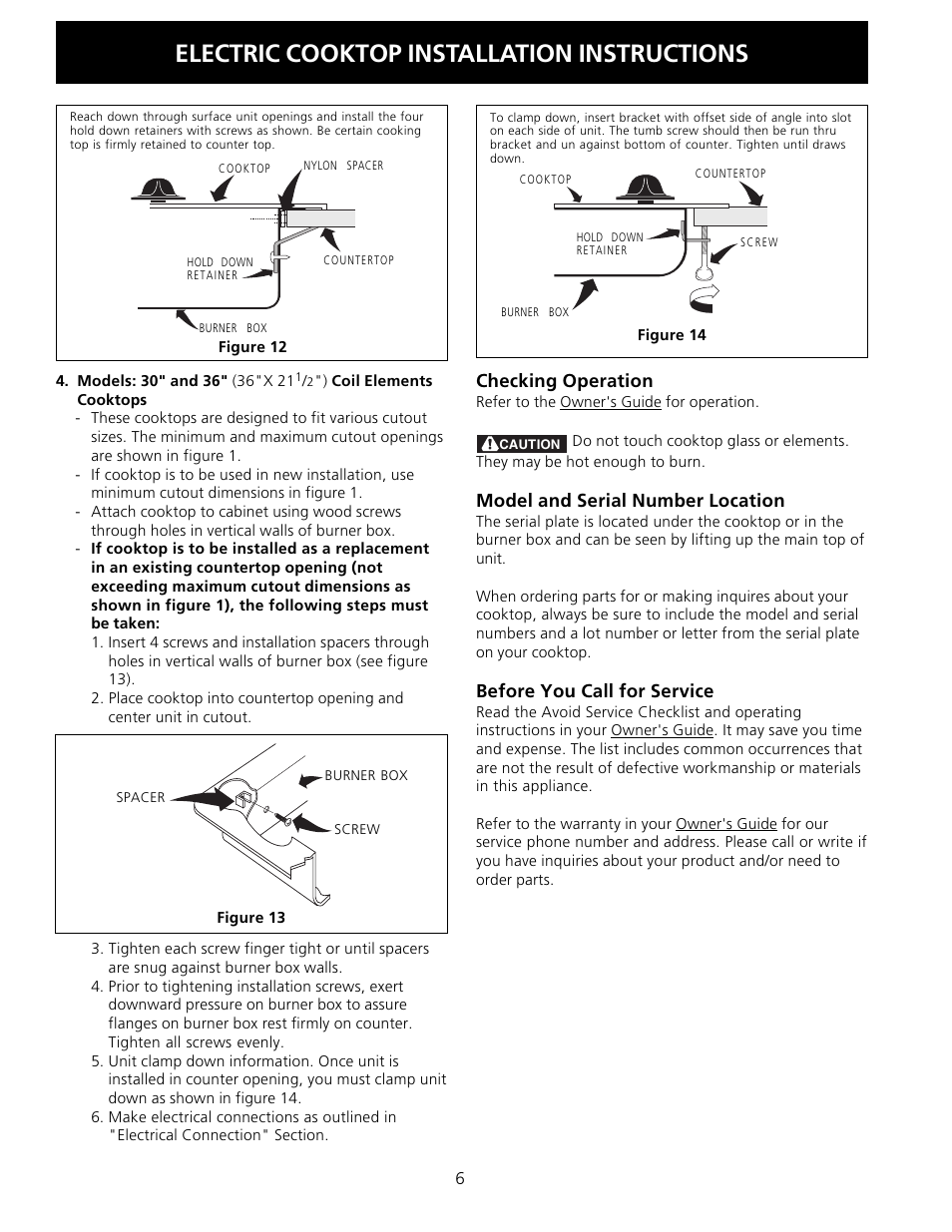 Electric cooktop installation instructions, Checking operation, Model and serial number location | Before you call for service | FRIGIDAIRE FFEC2605LS User Manual | Page 6 / 20