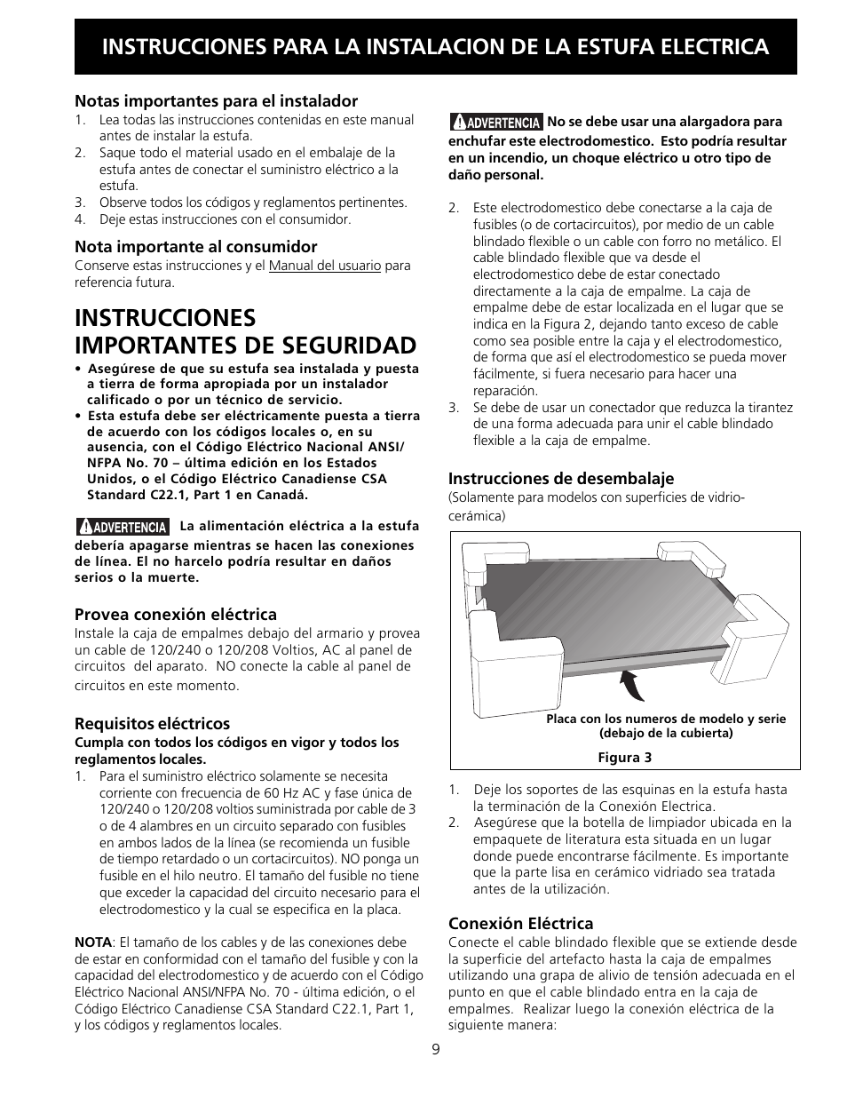 Instrucciones importantes de seguridad | FRIGIDAIRE FFEC2605LS User Manual | Page 9 / 20