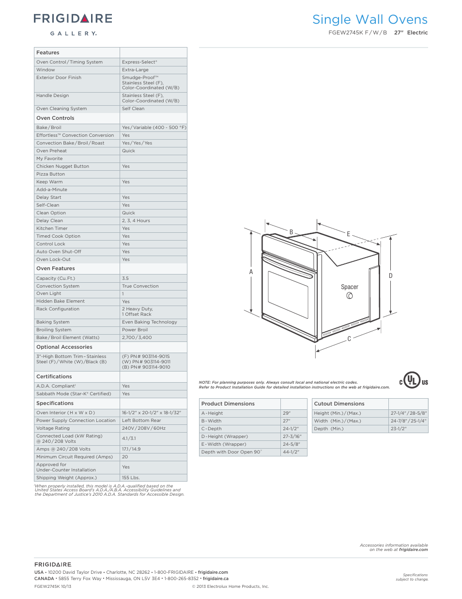 Single electric wall ovens frigidaire baseline, Single wall ovens | FRIGIDAIRE FGEW2745KF User Manual | Page 2 / 7