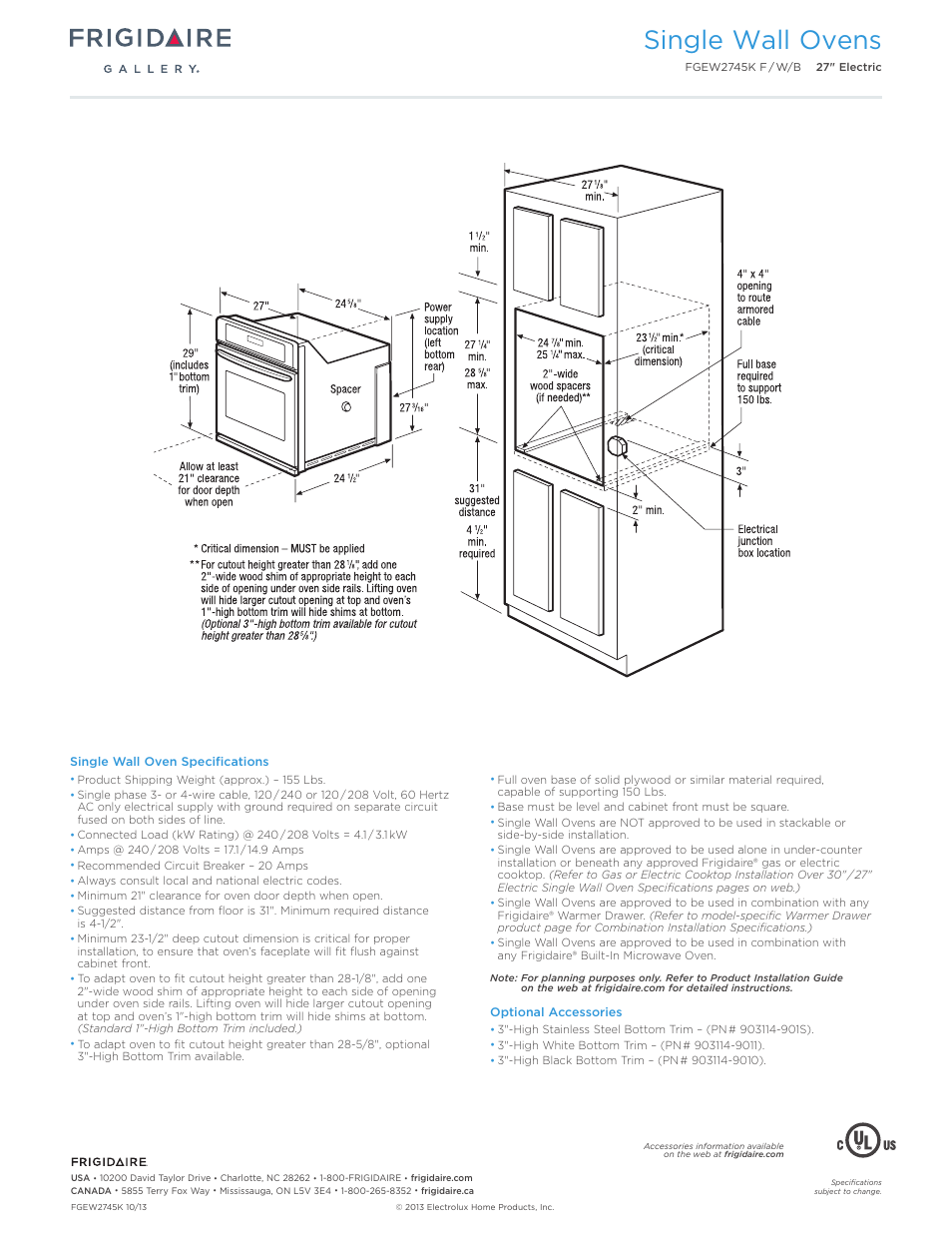 27" single electric wall oven gallery, Single wall ovens | FRIGIDAIRE FGEW2745KF User Manual | Page 3 / 7