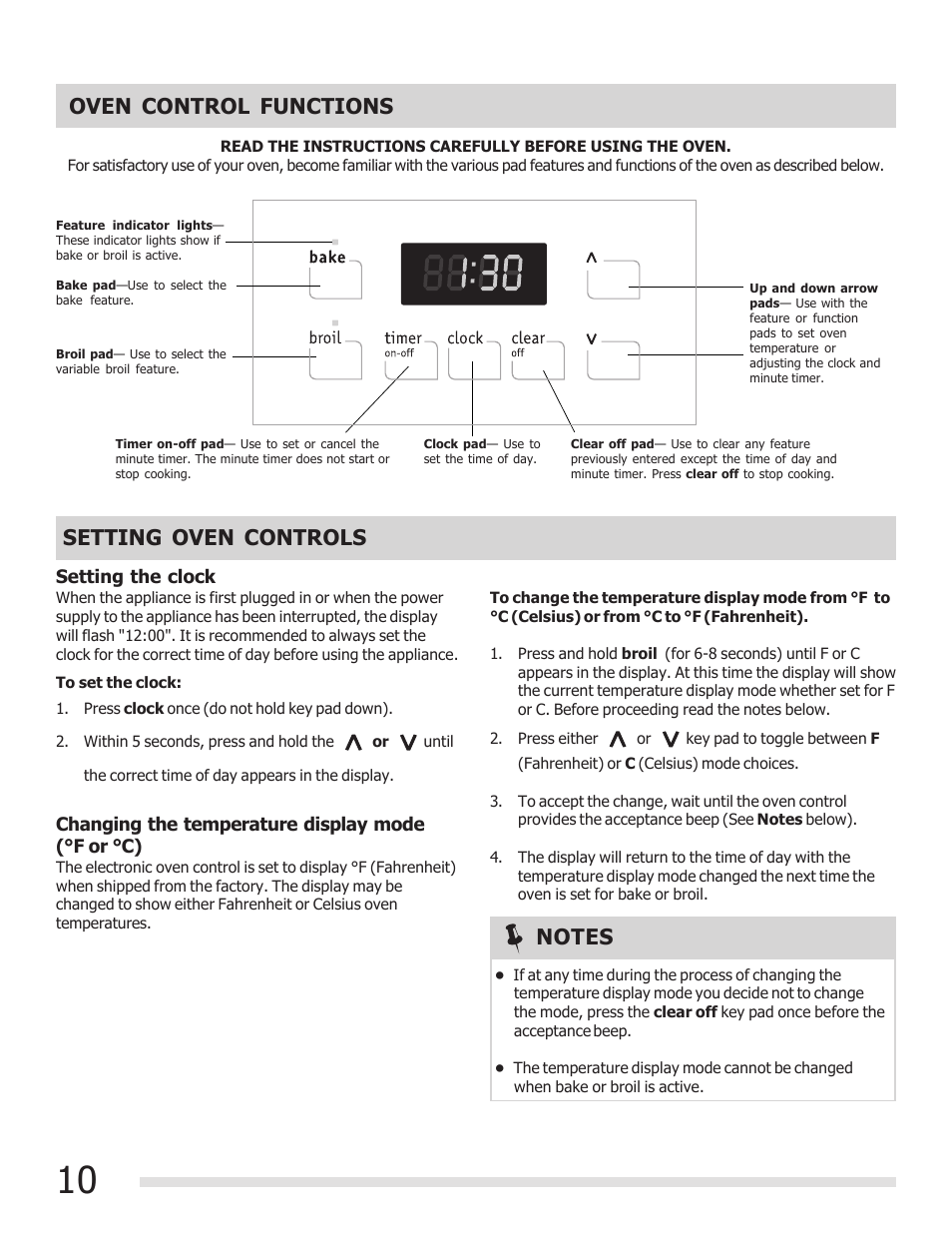 Oven control functions, Setting oven controls | FRIGIDAIRE FFGF3017LW User Manual | Page 10 / 20