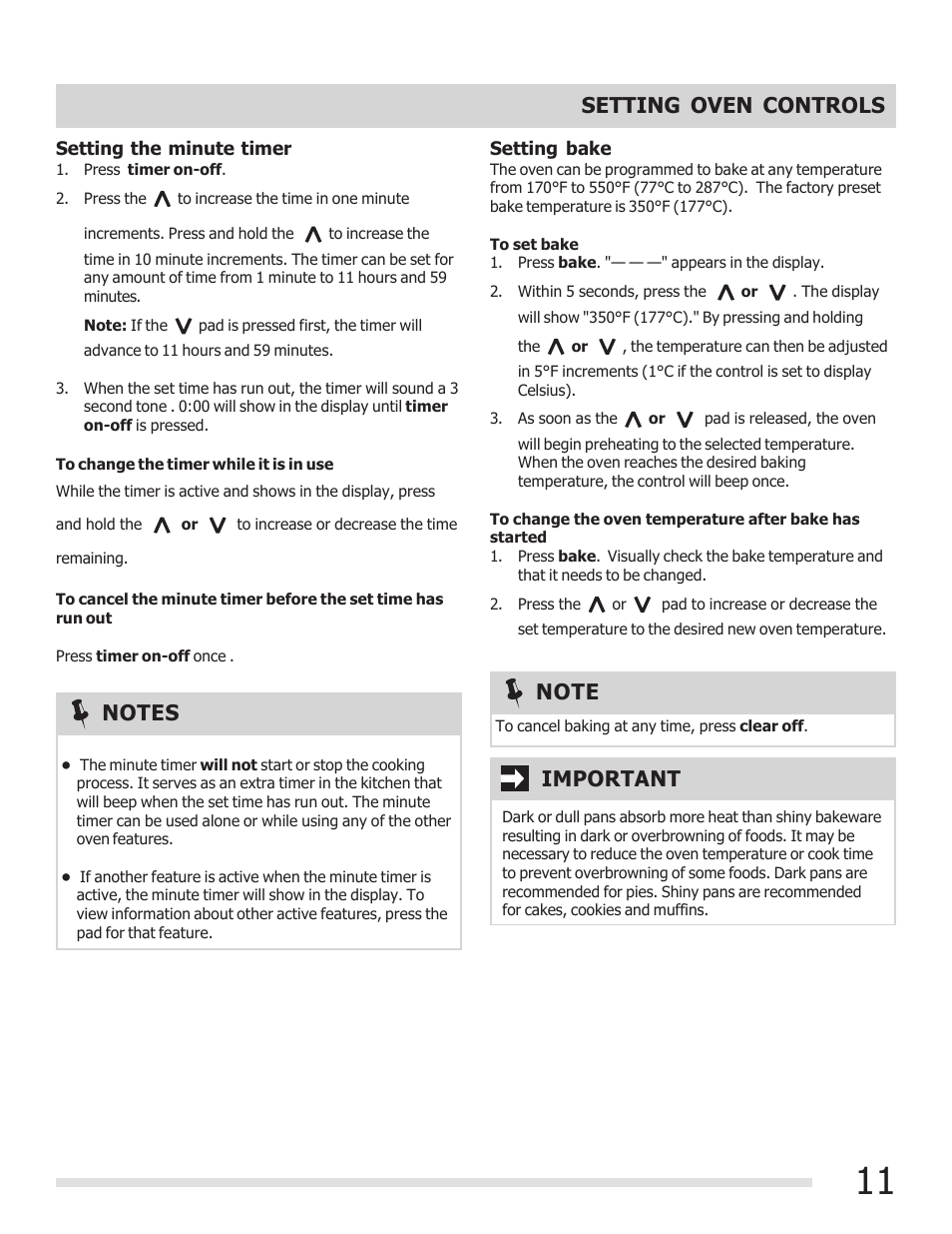 Setting oven controls, Important | FRIGIDAIRE FFGF3017LW User Manual | Page 11 / 20