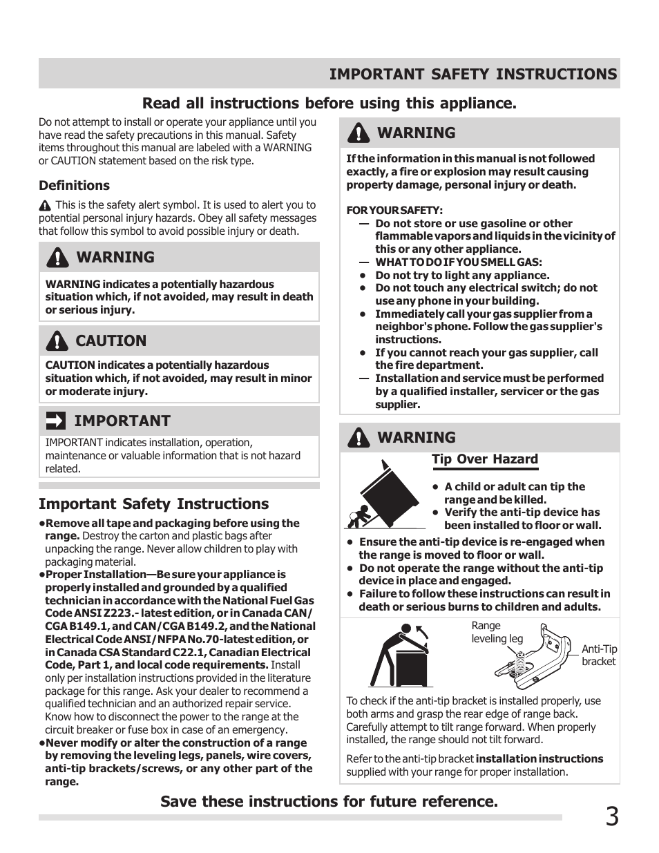 Read all instructions before using this appliance, Important, Caution | Important safety instructions, Warning | FRIGIDAIRE FFGF3017LW User Manual | Page 3 / 20