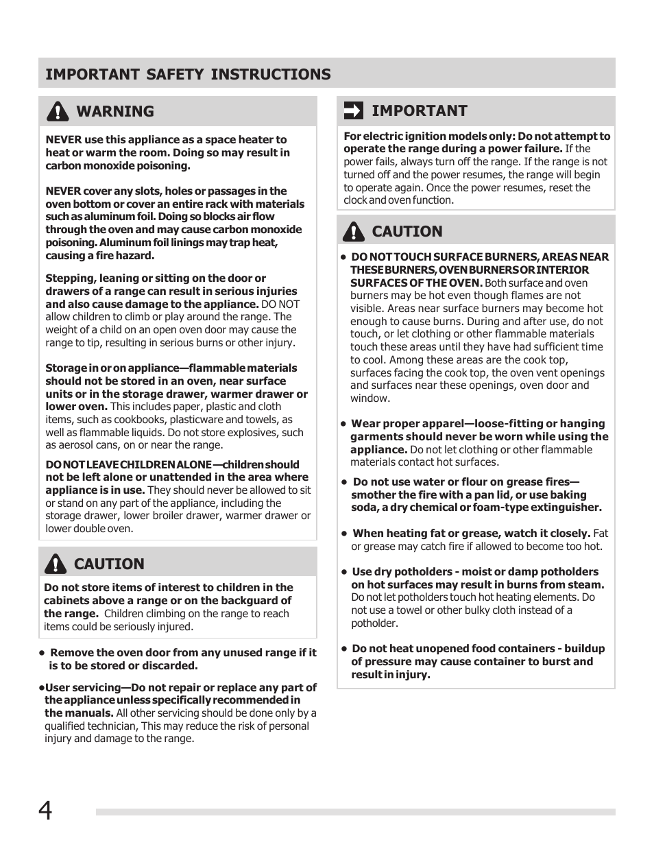 Important safety instructions, Important warning, Caution | FRIGIDAIRE FFGF3017LW User Manual | Page 4 / 20