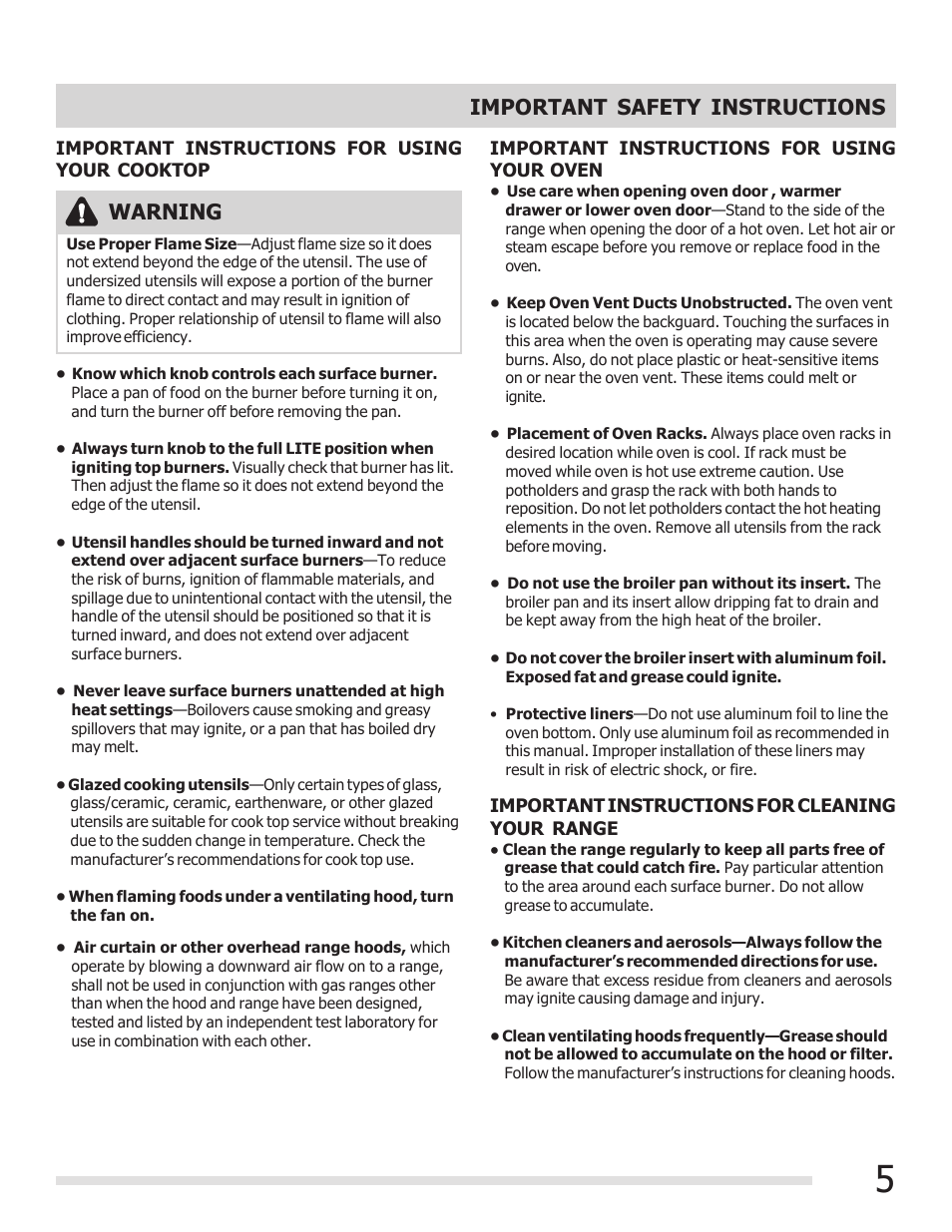 Important safety instructions, Warning | FRIGIDAIRE FFGF3017LW User Manual | Page 5 / 20