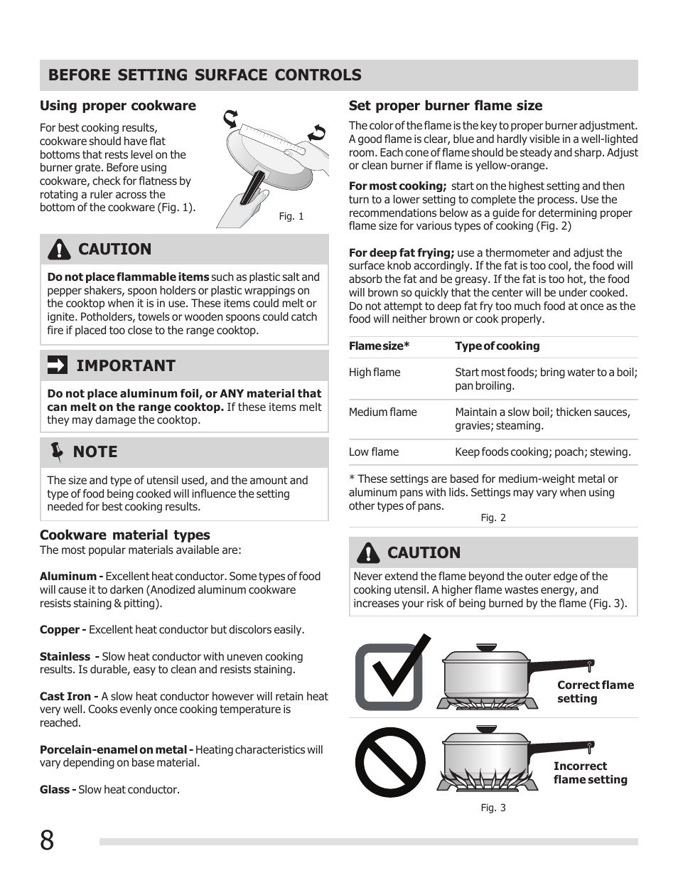Before setting surface controls, Caution, Caution important | FRIGIDAIRE FFGF3017LW User Manual | Page 8 / 20