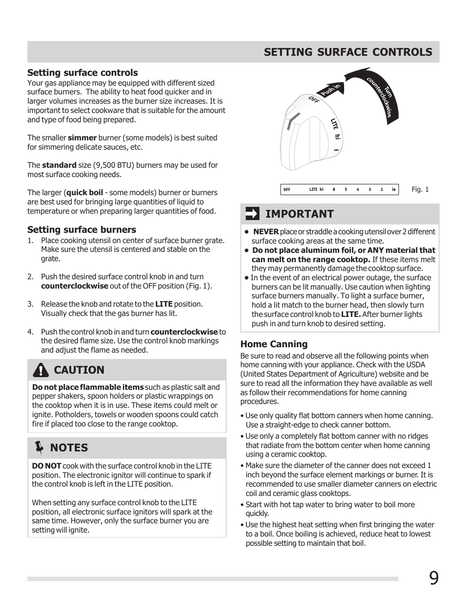 Setting surface controls, Caution | FRIGIDAIRE FFGF3017LW User Manual | Page 9 / 20