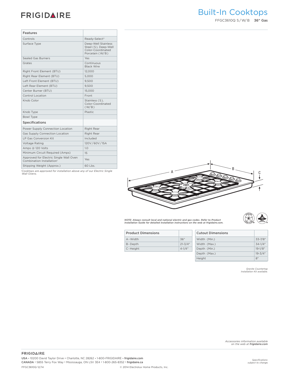 Drop-in gas cooktops frigidaire baseline, Built-in cooktops | FRIGIDAIRE FFGC3610QW User Manual | Page 2 / 5