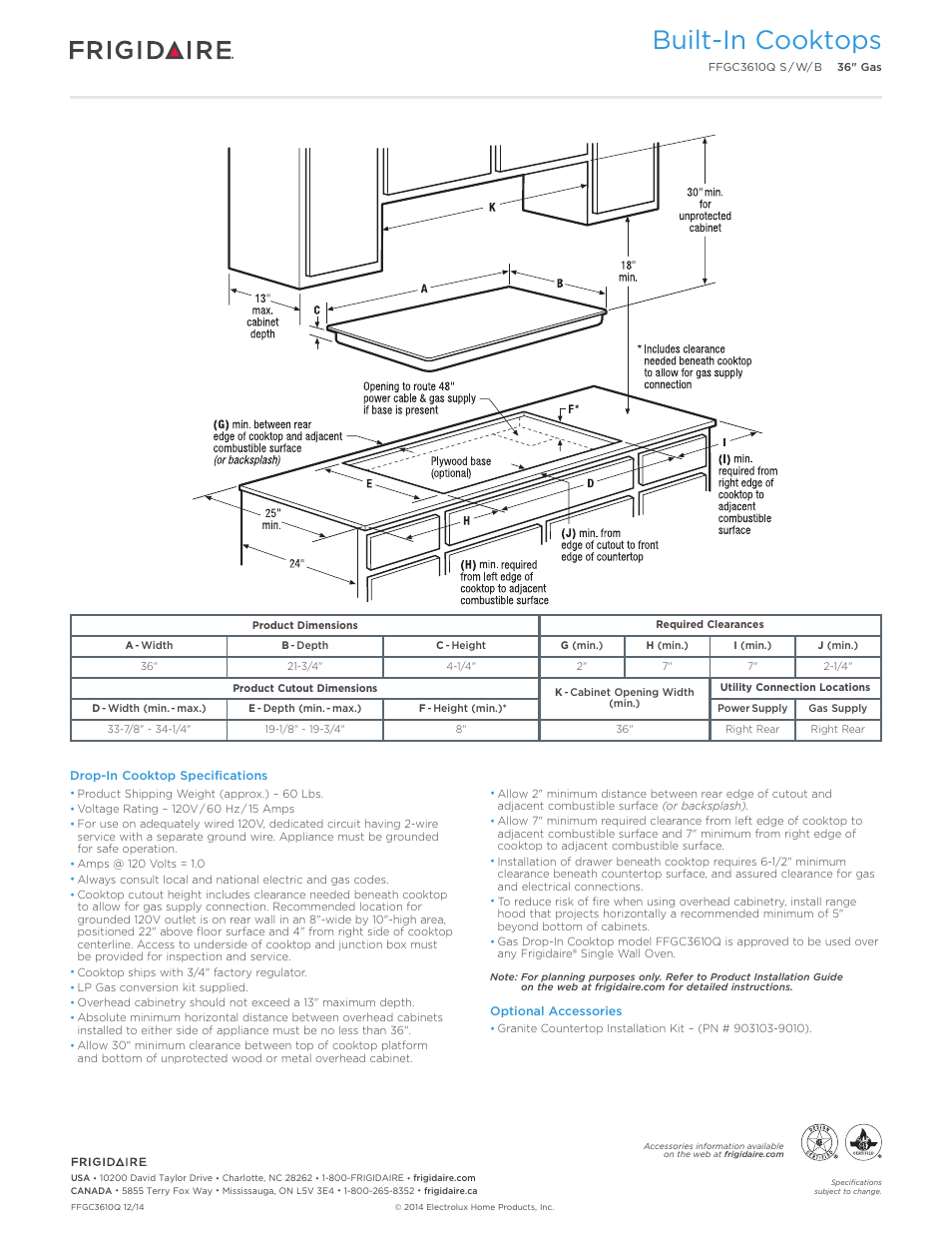 Drop-in gas cooktops (version 1), Professional / gallery / baseline, Built-in cooktops | Callouts must be charted per individual model) | FRIGIDAIRE FFGC3610QW User Manual | Page 3 / 5