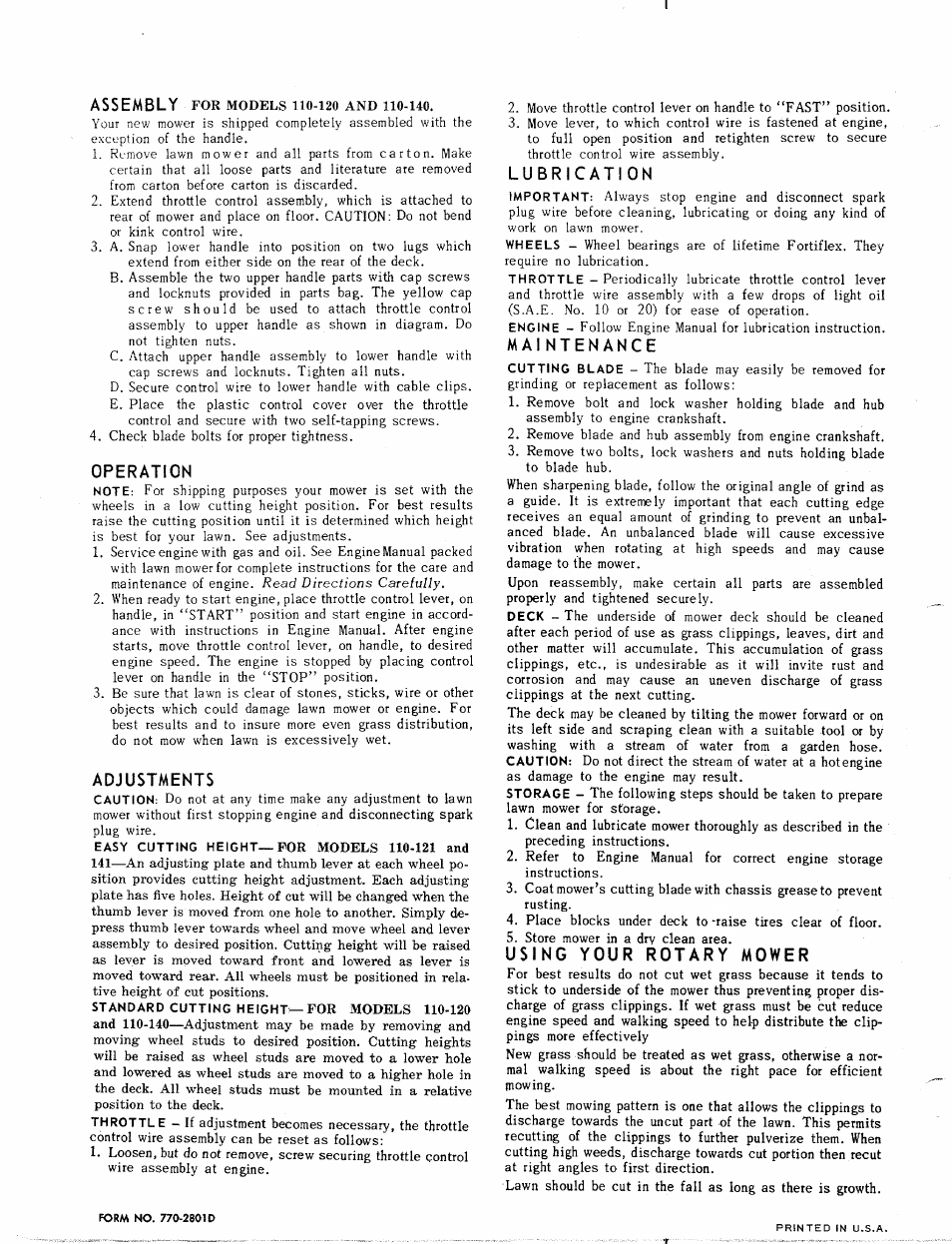 Operation, Adjustments, Lubrication | Maintenance, Using your rotary mower | Bolens 110-120-306 User Manual | Page 4 / 4