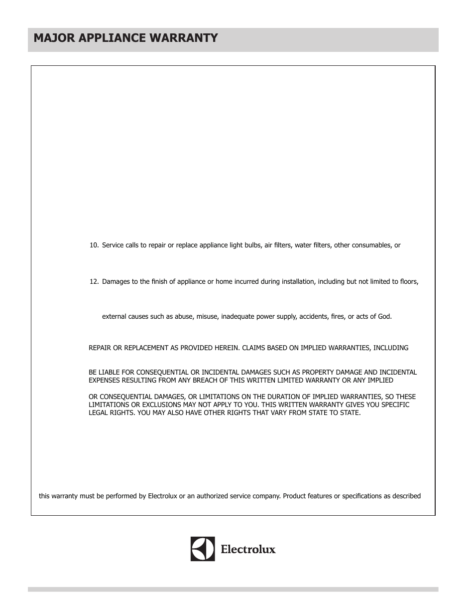 Major appliance warranty information, Major appliance warranty | FRIGIDAIRE FFTR1022QW User Manual | Page 12 / 36