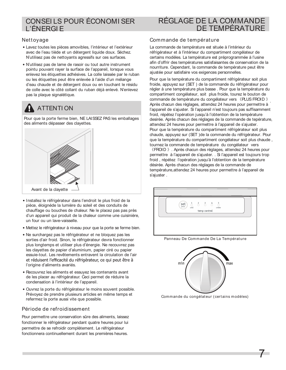 Réglage de la commande de température, Consei ls pour économi ser l’énergi e, Attenti on | FRIGIDAIRE FFTR1022QW User Manual | Page 31 / 36