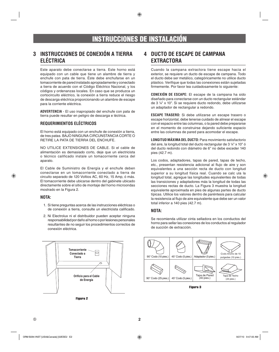 Instrucciones de instalación, 3 instrucciones de conexión a tierra eléctrica, 4 ducto de escape de campana extractora | FRIGIDAIRE FGBM205KW User Manual | Page 10 / 24