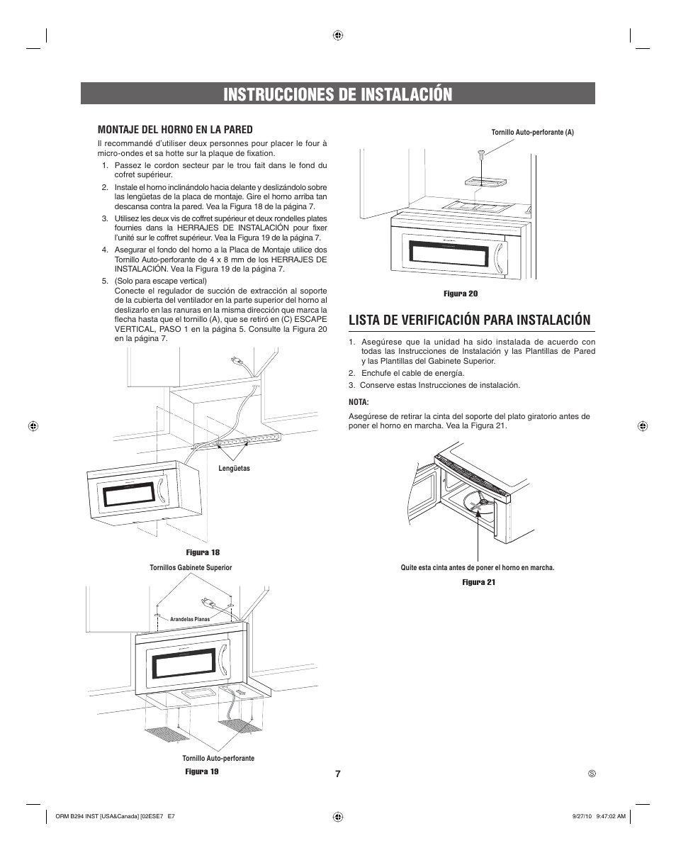 Instrucciones de instalación, Lista de verificación para instalación | FRIGIDAIRE FGBM205KW User Manual | Page 15 / 24