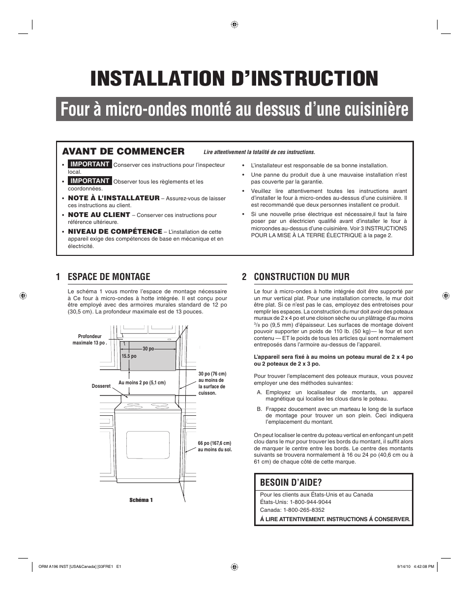 Installation d , instruction, 1 espace de montage, Avant de commencer | 2 construction du mur, Besoin d’aide | FRIGIDAIRE FGBM205KW User Manual | Page 17 / 24