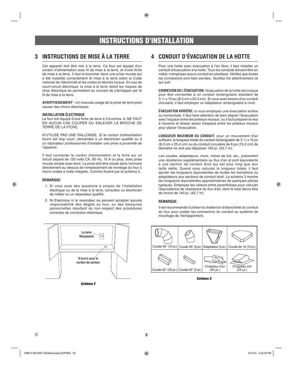 Instructions d’installation, 3 instructions de mise à la terre, 4 conduit d’évacuation de la hotte | FRIGIDAIRE FGBM205KW User Manual | Page 18 / 24