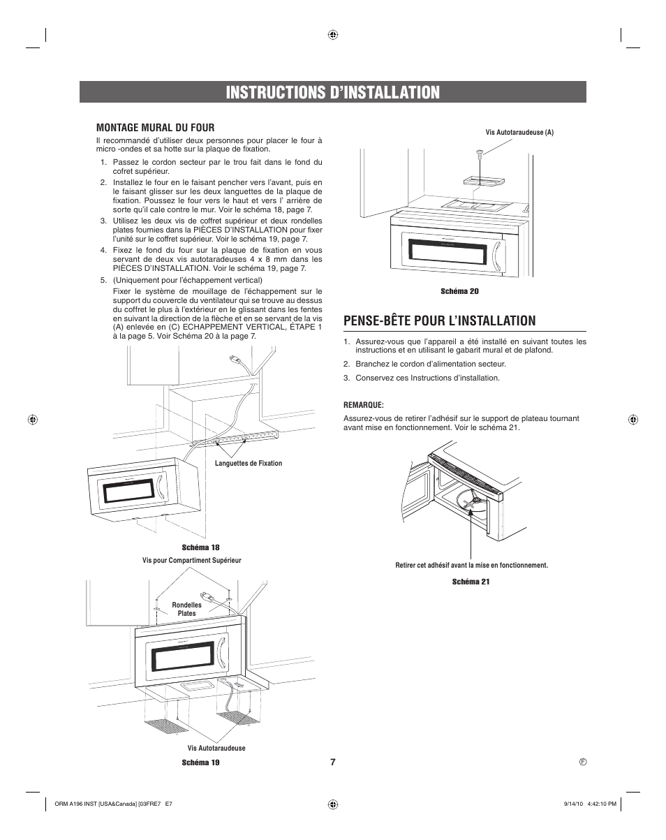 Instructions d’installation, Pense-bête pour l’installation | FRIGIDAIRE FGBM205KW User Manual | Page 23 / 24