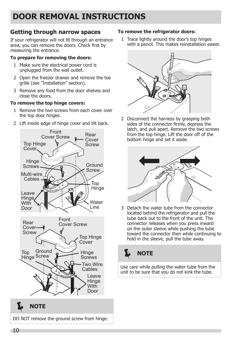 Door removal instructions | FRIGIDAIRE FGHB2866PP User Manual | Page 10 / 41