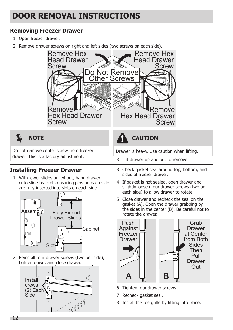 Door removal instructions | FRIGIDAIRE FGHB2866PP User Manual | Page 12 / 41