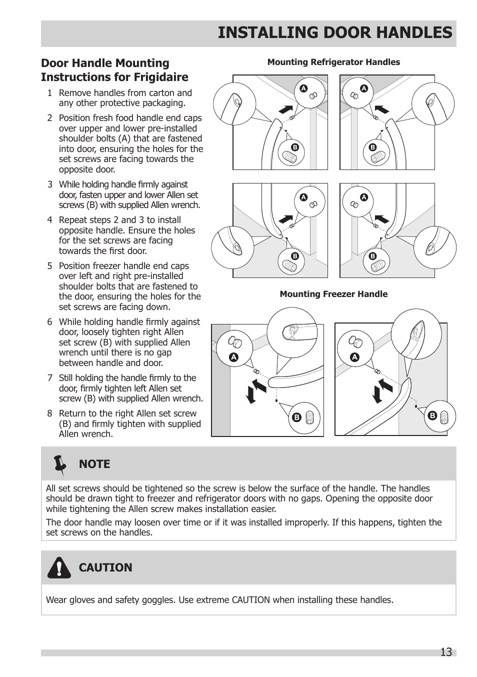 Installing door handles | FRIGIDAIRE FGHB2866PP User Manual | Page 13 / 41