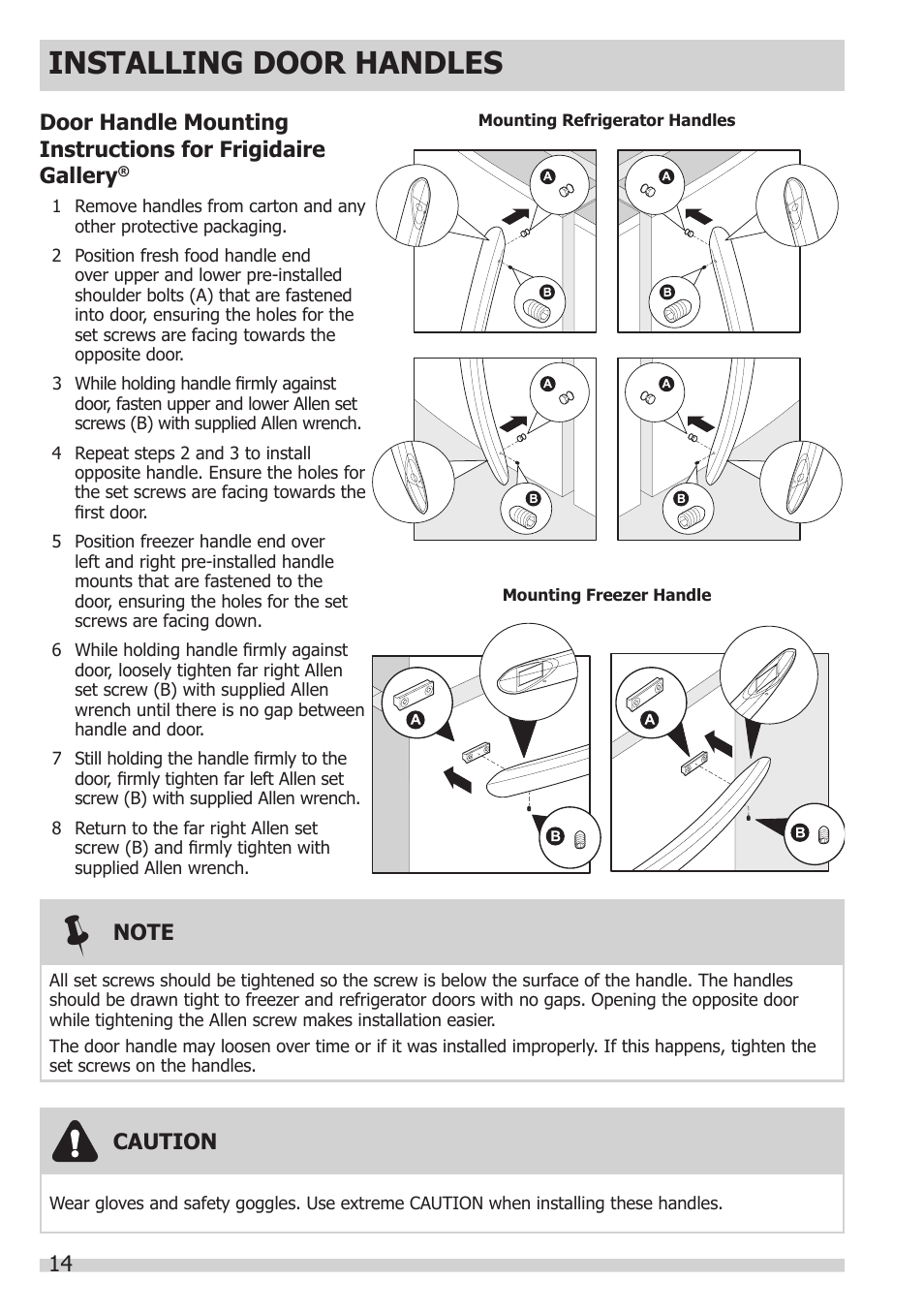 Installing door handles | FRIGIDAIRE FGHB2866PP User Manual | Page 14 / 41