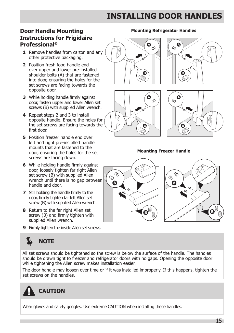 Installing door handles | FRIGIDAIRE FGHB2866PP User Manual | Page 15 / 41