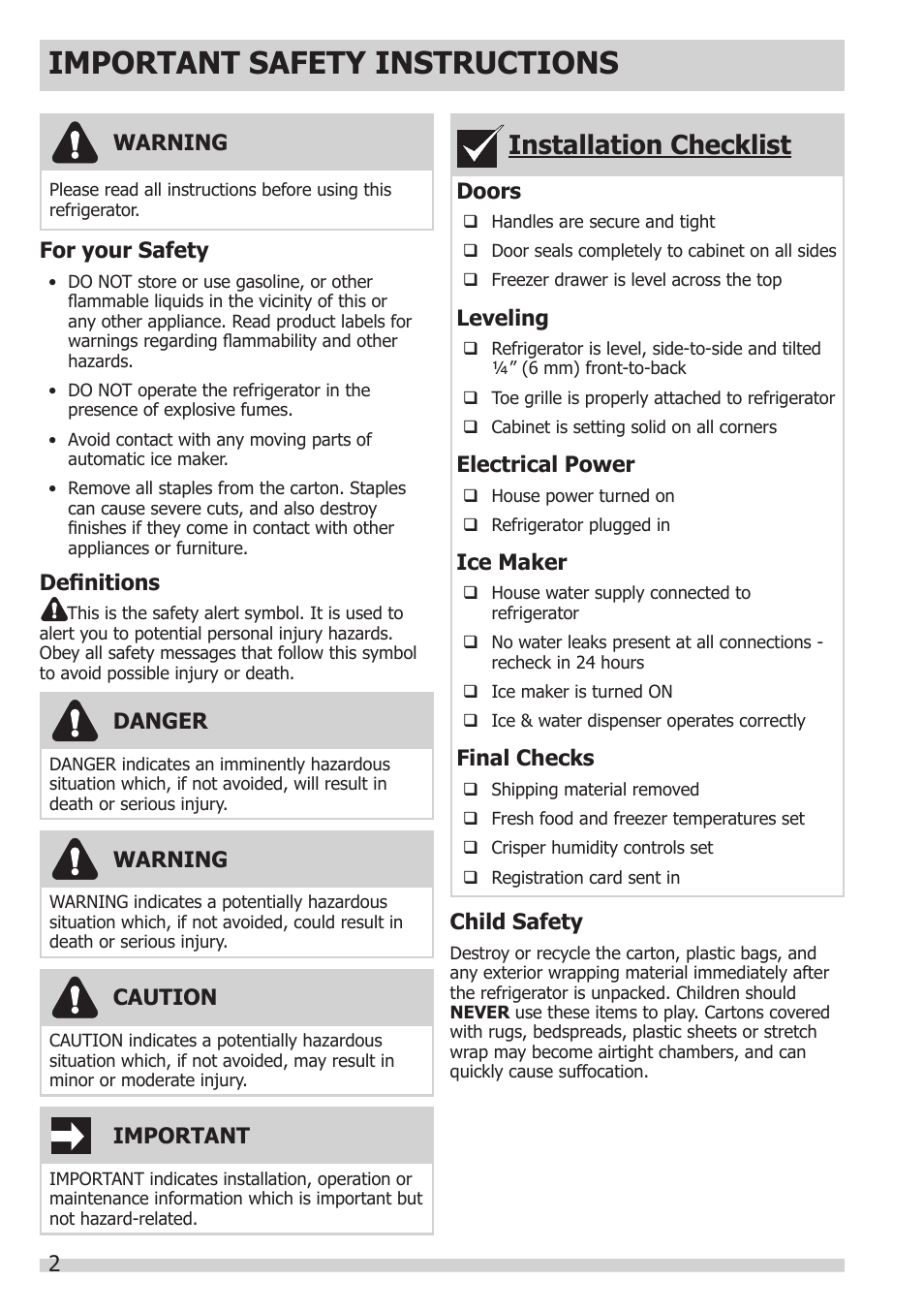Important safety instructions, Installation checklist | FRIGIDAIRE FGHB2866PP User Manual | Page 2 / 41