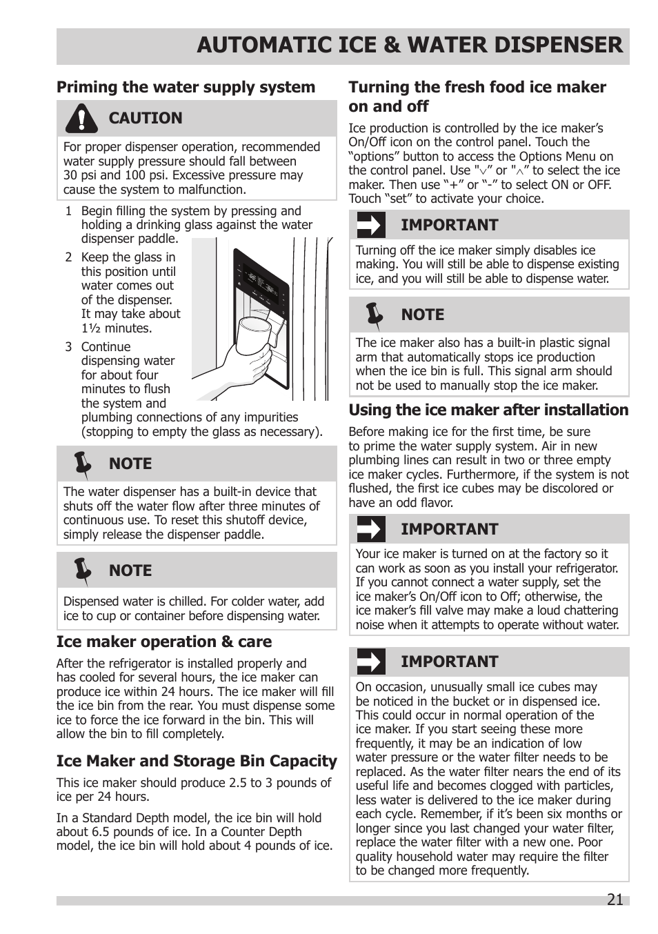 Automatic ice & water dispenser | FRIGIDAIRE FGHB2866PP User Manual | Page 21 / 41