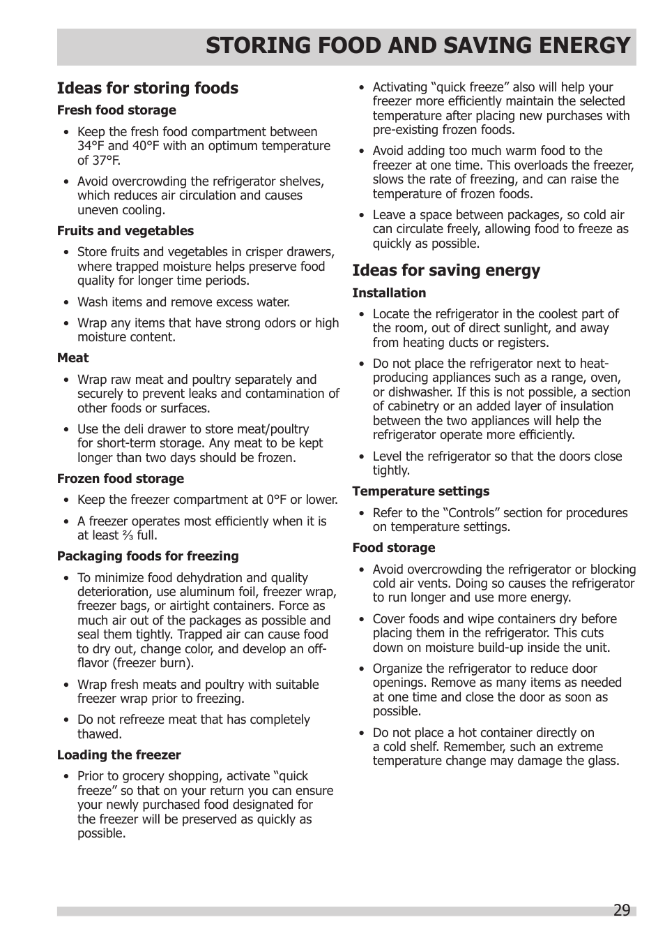 Storing food and saving energy, Ideas for storing foods, Ideas for saving energy | FRIGIDAIRE FGHB2866PP User Manual | Page 29 / 41
