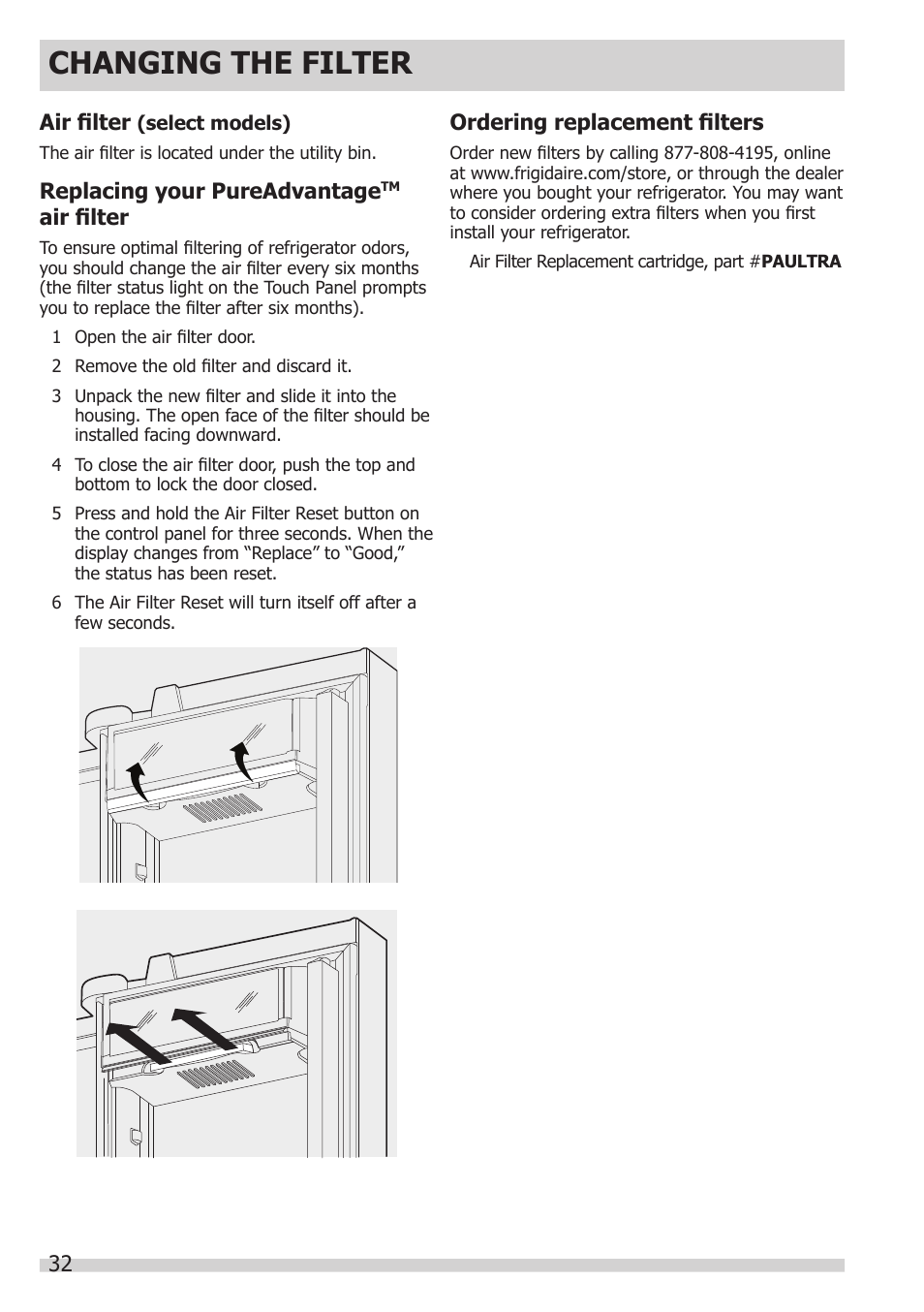 Changing the filter | FRIGIDAIRE FGHB2866PP User Manual | Page 32 / 41