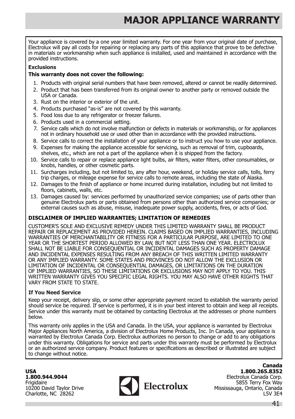 Major appliance warranty | FRIGIDAIRE FGHB2866PP User Manual | Page 41 / 41