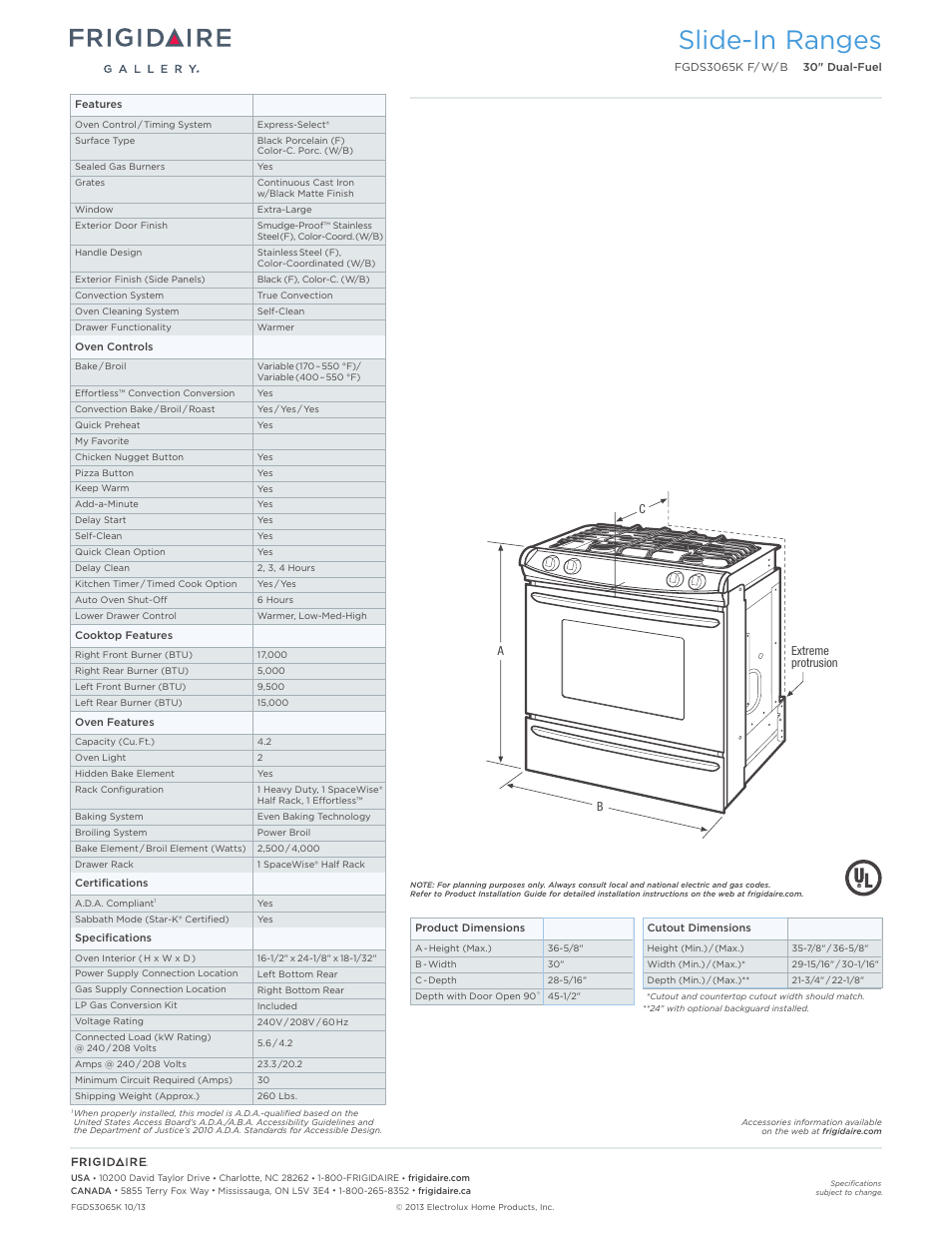 Slide-in gas ranges frigidaire baseline, Slide-in ranges | FRIGIDAIRE FGDS3065KB User Manual | Page 2 / 7