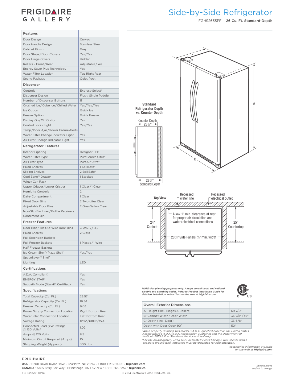 Side-by-side refrigerator | FRIGIDAIRE FGHS2655PF User Manual | Page 2 / 4