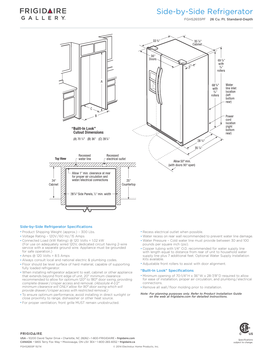 Side-by-side refrigerator | FRIGIDAIRE FGHS2655PF User Manual | Page 3 / 4